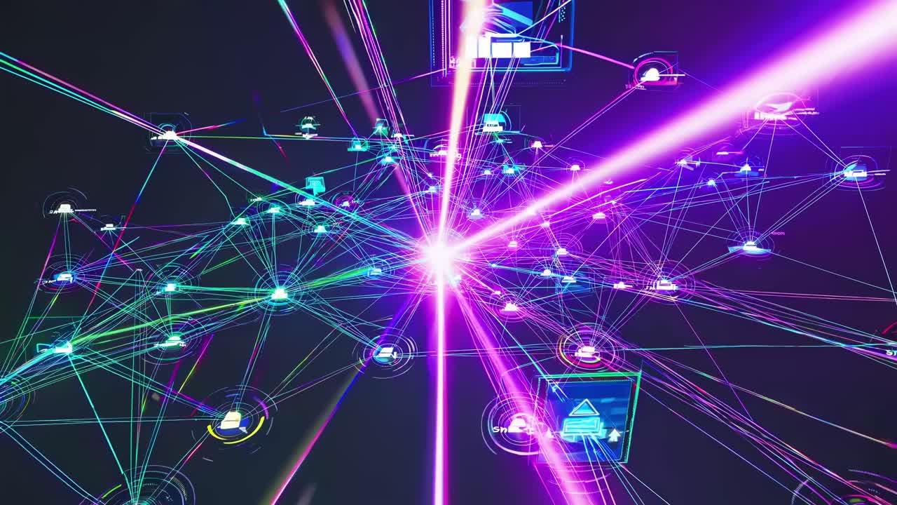 Futuristisk videokoncept med et dynamisk netværk af glødende blå linjer og noder