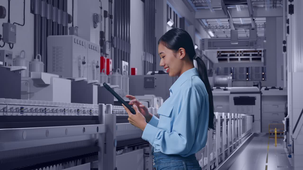 Side View Of Asian Female With Her Tablet At Pharmaceutical Factory, Vaccine Production Facility, Checking On Her Tablet With Meditation
