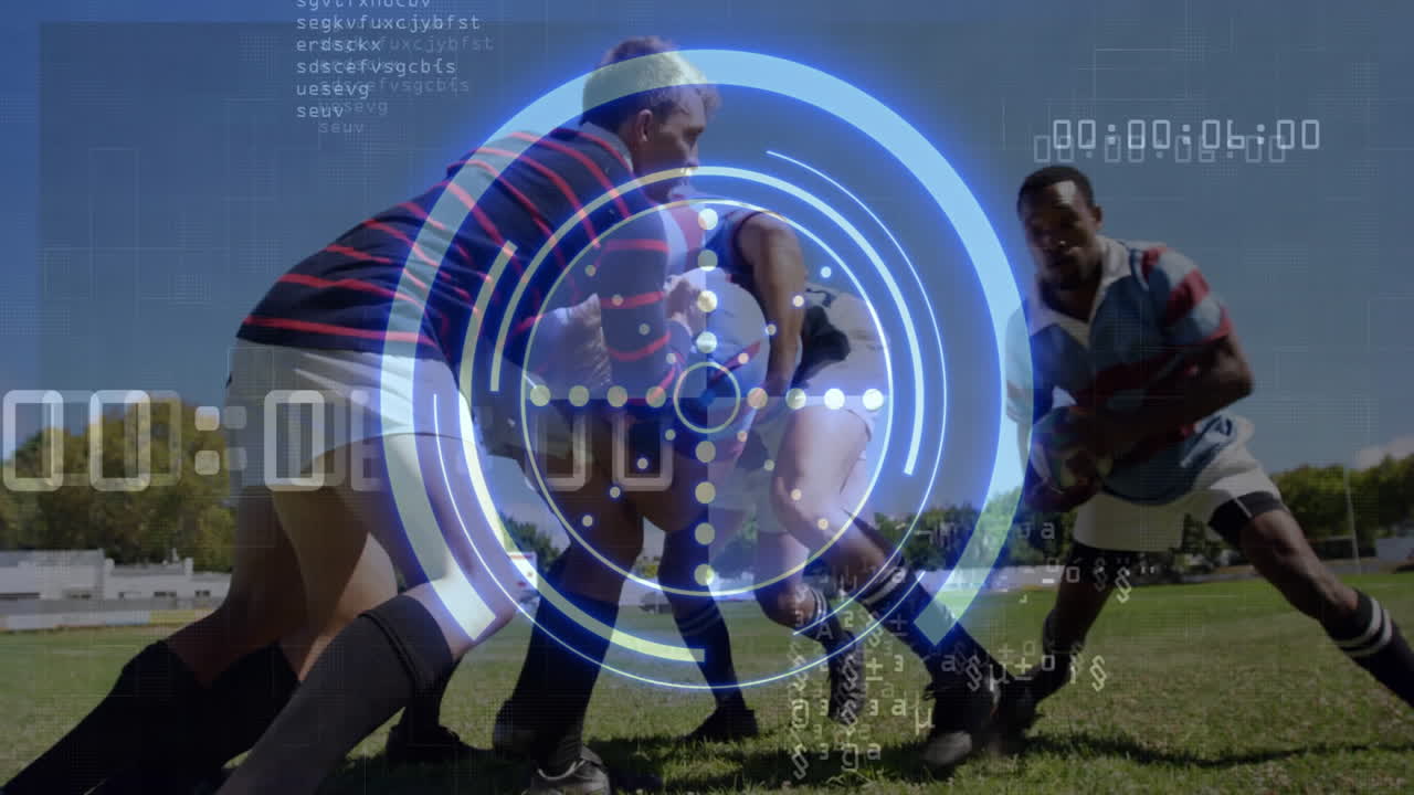 Digital data processing animation over rugby players in action on field