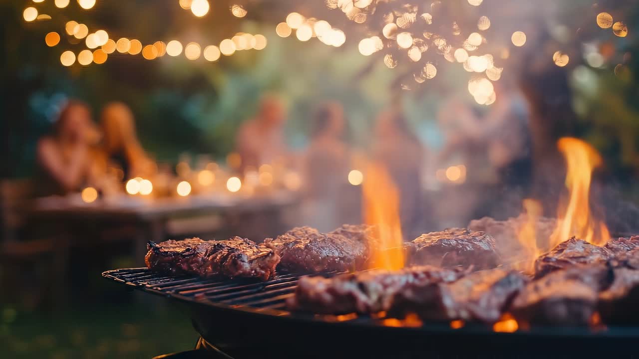 Video ad angolo basso di un barbecue con luci di festa sfocate e persone sullo sfondo.