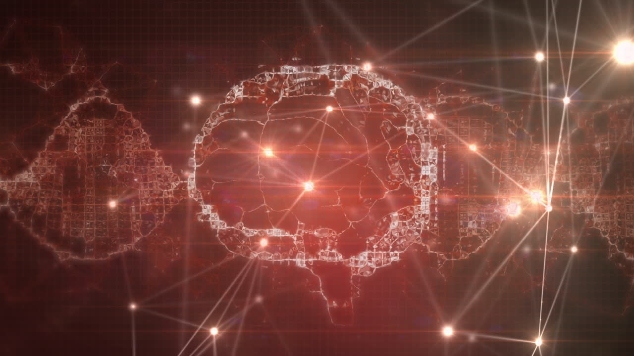 animación de la red de conexiones y el cerebro digital sobre un fondo negro