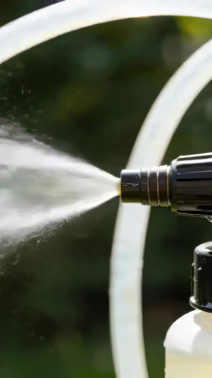 Video verticale: Premendo l'ugello, una bottiglia che emette una nebbia sottile in giardino, con un tubo dietro e spazio per il testo.