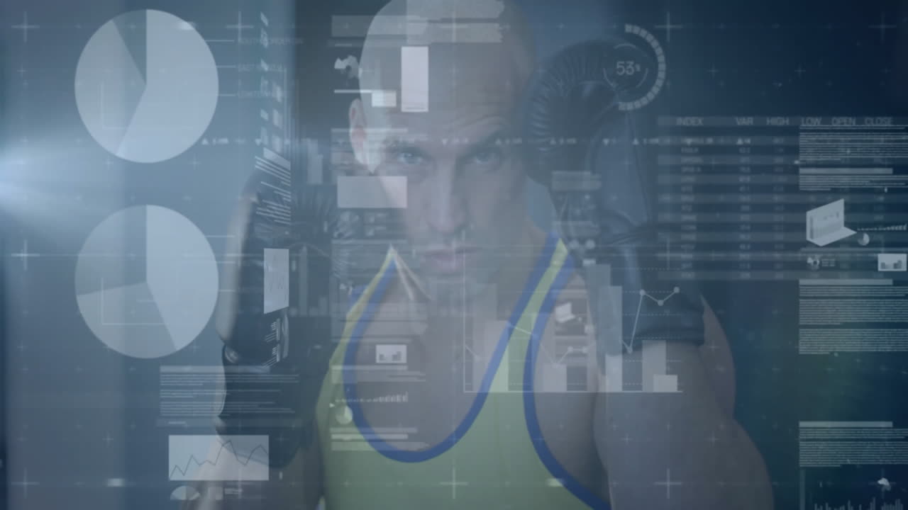 Boxer punching in gym with boxing gloves, with floating fitness analytics charts displaying data