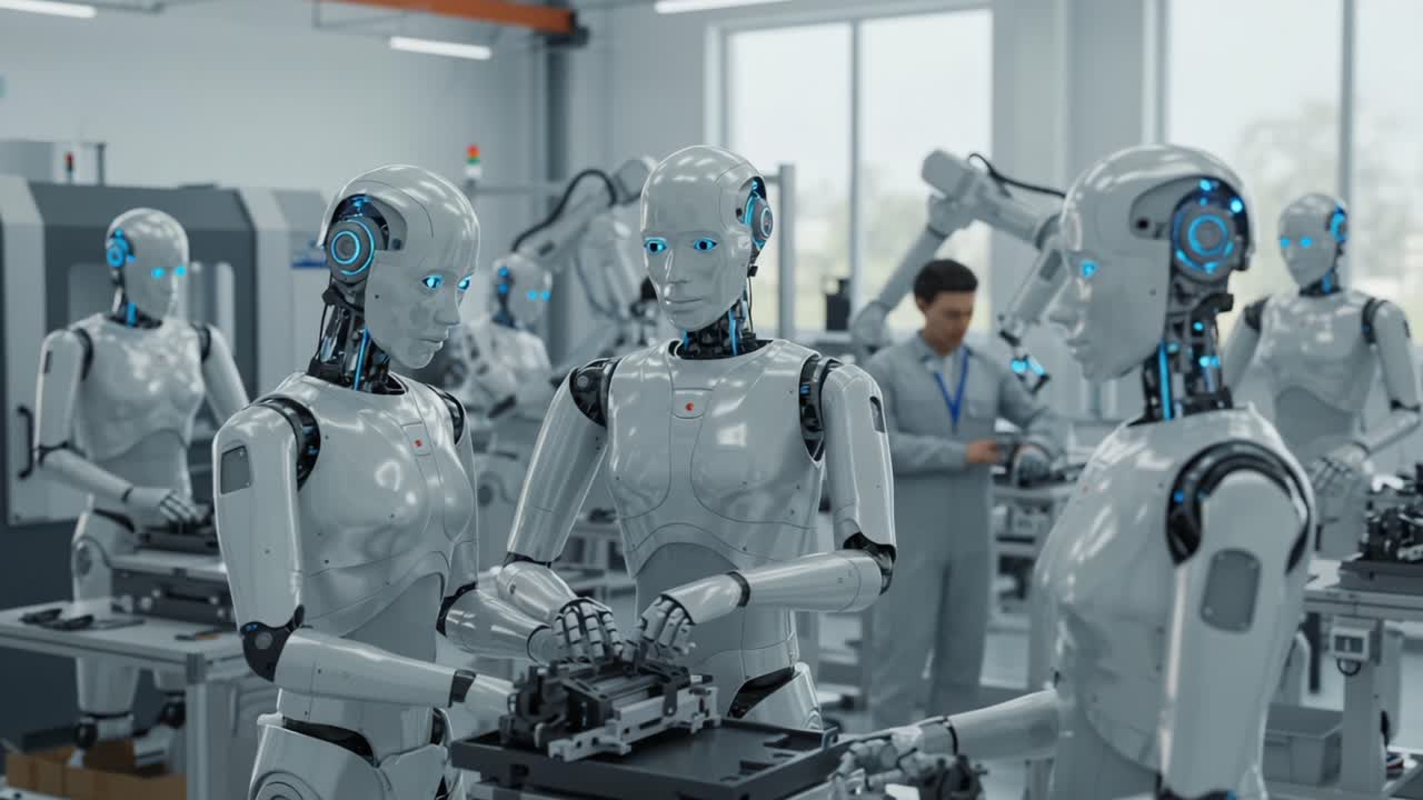 Futuristic Robotics Workshop: Advanced Automated Systems Engaging in Collaborative Manufacturing and Assembly Processes in a High-Tech Environment