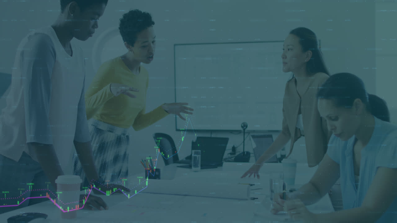 Animation of graphs over diverse businesspeople in office