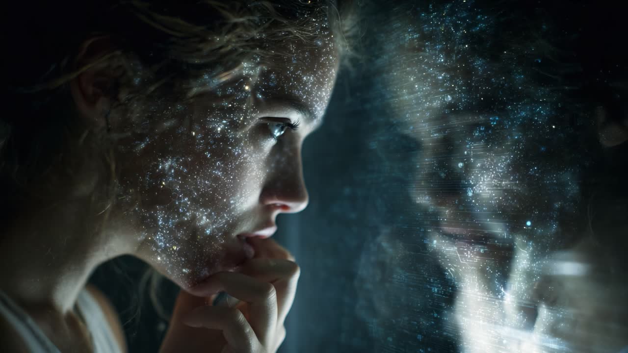 A contemplative woman gazes into a reflective surface, her face illuminated by a cosmic starry pattern, exploring themes of identity and introspection in a surreal moment