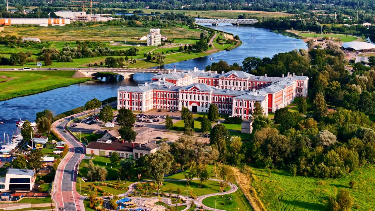 Aerial view of Jelgava Palace in Latvia with Lielupe river and surrounding green parks