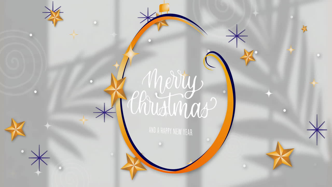 Animation with Christmas and New Year text, stars, and swirls surrounding