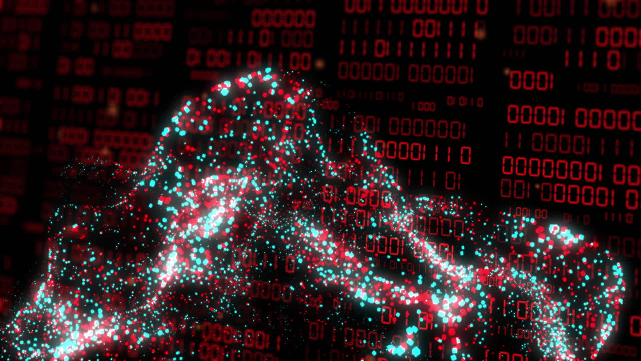 Animation of binary coding and data processing over dark background