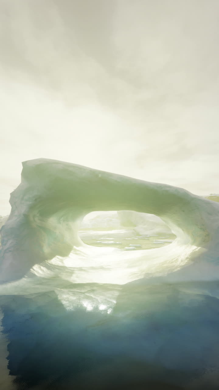 Majestic ice arch illuminated by sunlight in tranquil arctic waters