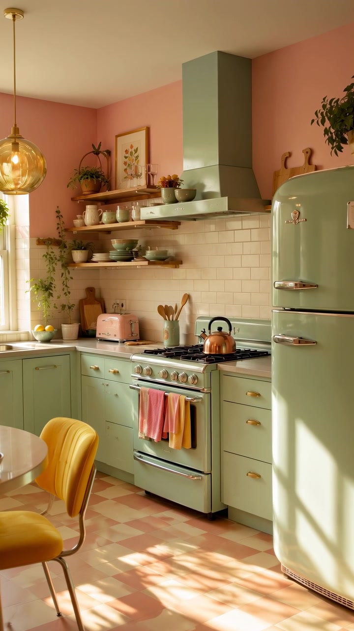 Interior de cozinha, cena estática sem ação visível, em cozinha aconchegante com paredes rosa e verde claro, com bancada de cozinha, cadeira, panelas e frigideiras, quadros emoldurados, com detalhes em rosa e verde claro