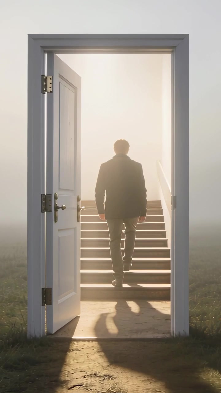 Video verticale: Uomo che cammina verso una luce calda attraverso una porta bianca, salendo le scale, con un cappotto da campo.