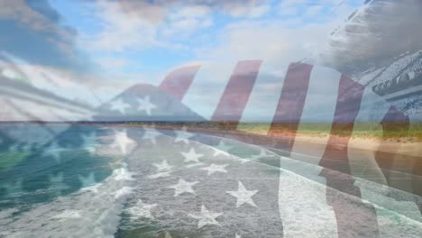 video compuesto de ondear la bandera estadounidense sobre las olas en el mar contra el estadio deportivo