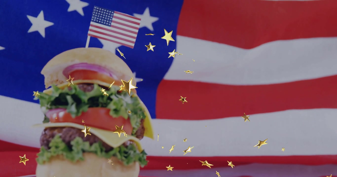 Cheeseburger com Topper de Bandeira Americana em Fundo de Bandeira dos EUA Ondulando