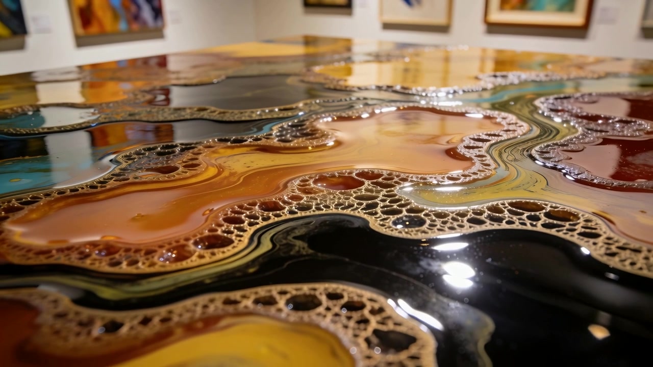 Telecamera in movimento che rivela un'opera d'arte lucida a pittura fluida su un piedistallo da galleria, mostrando riflessi cangianti