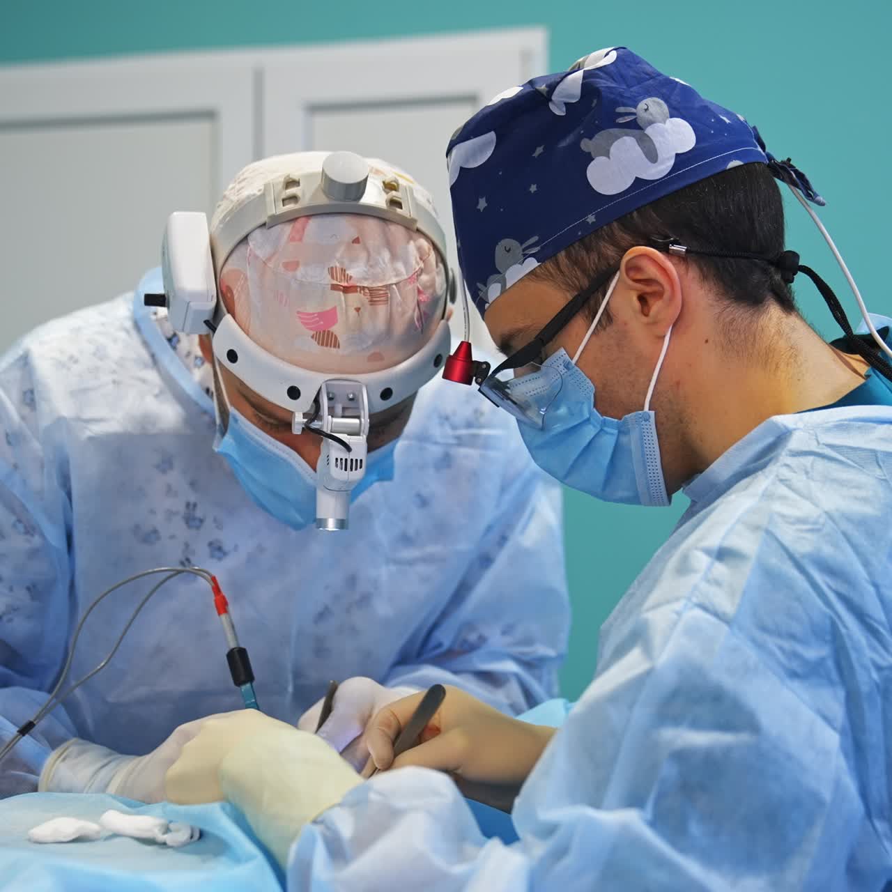 Two doctors at operation working focused on the case. Male adult young surgeons in colorful caps and device glasses