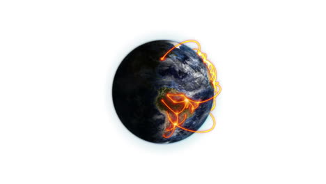 zoomado, tierra iluminada con conexiones naranjas, nubes y imagen de la nasa en blanco.