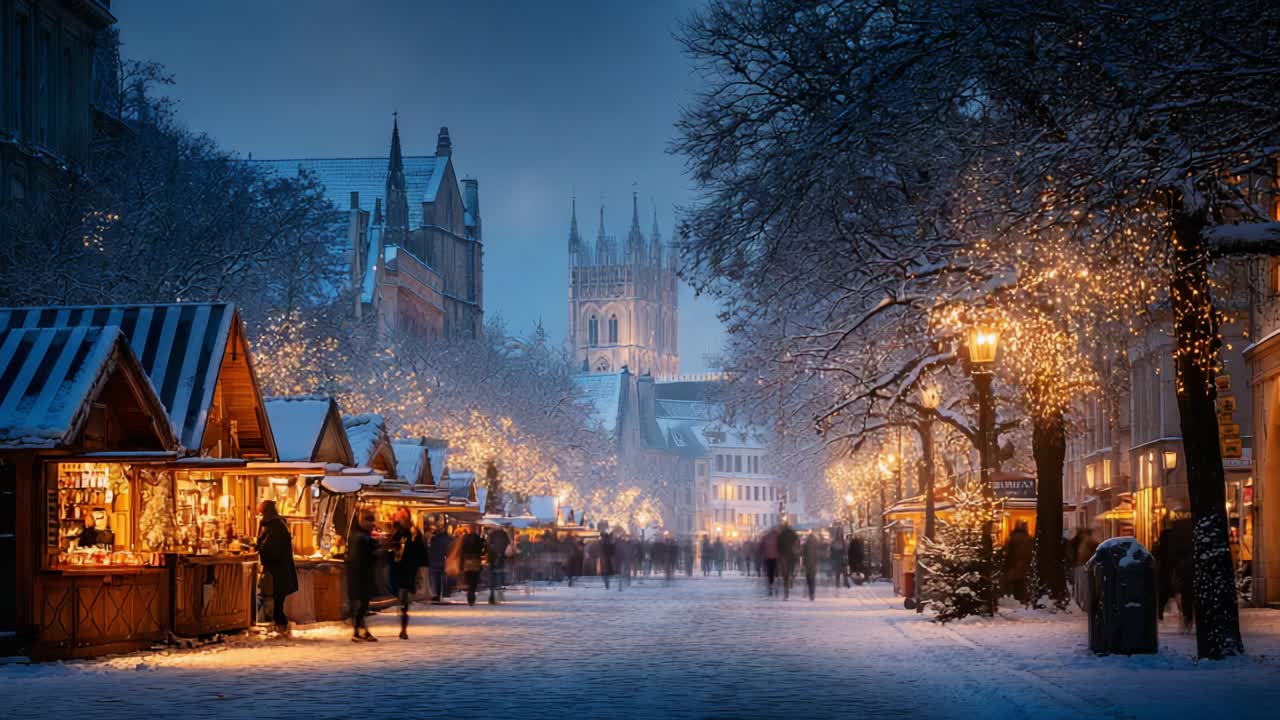 A Magical Winter Evening at the Christmas Market, Illuminated by Twinkling Lights and Surrounded by Snow-Covered Trees, Creating a Charming Atmosphere in the Heart of the City Amidst Holiday Festivities
