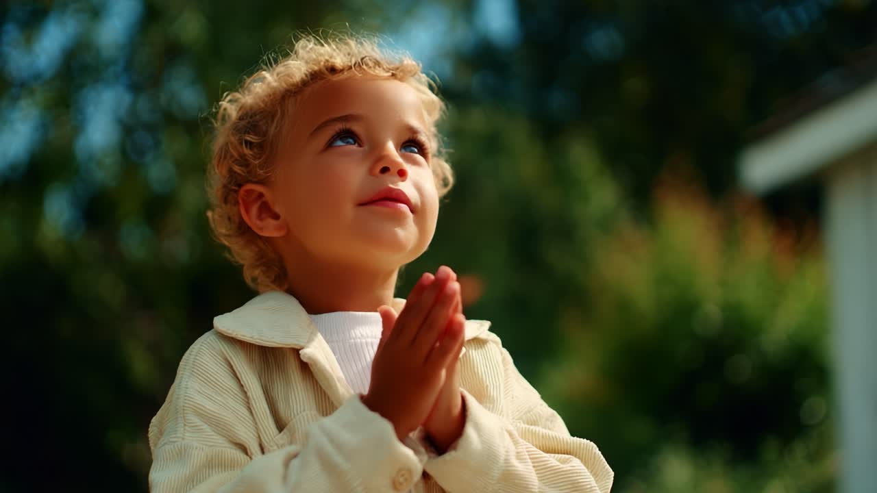 A Small Child with Curly Hair in a Light-colored Outfit, Gazing Upward with an Expression of Hope and Faith, Captured in a Tranquil Outdoor Setting, Surrounded by Lush Greenery and Natural Light
