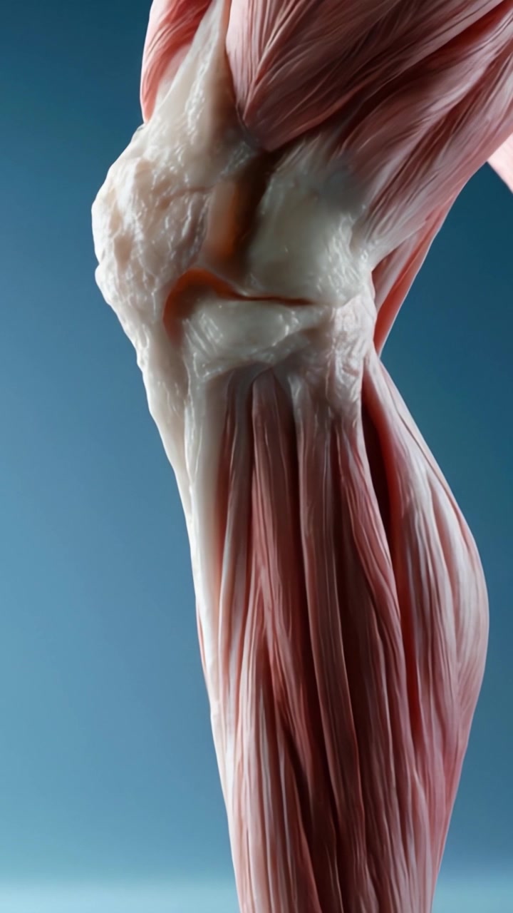 Primo piano dettagliato dell'anatomia del ginocchio umano che evidenzia le strutture muscolari e i tendini a scopo educativo negli studi di scienza medica e fisiologia.