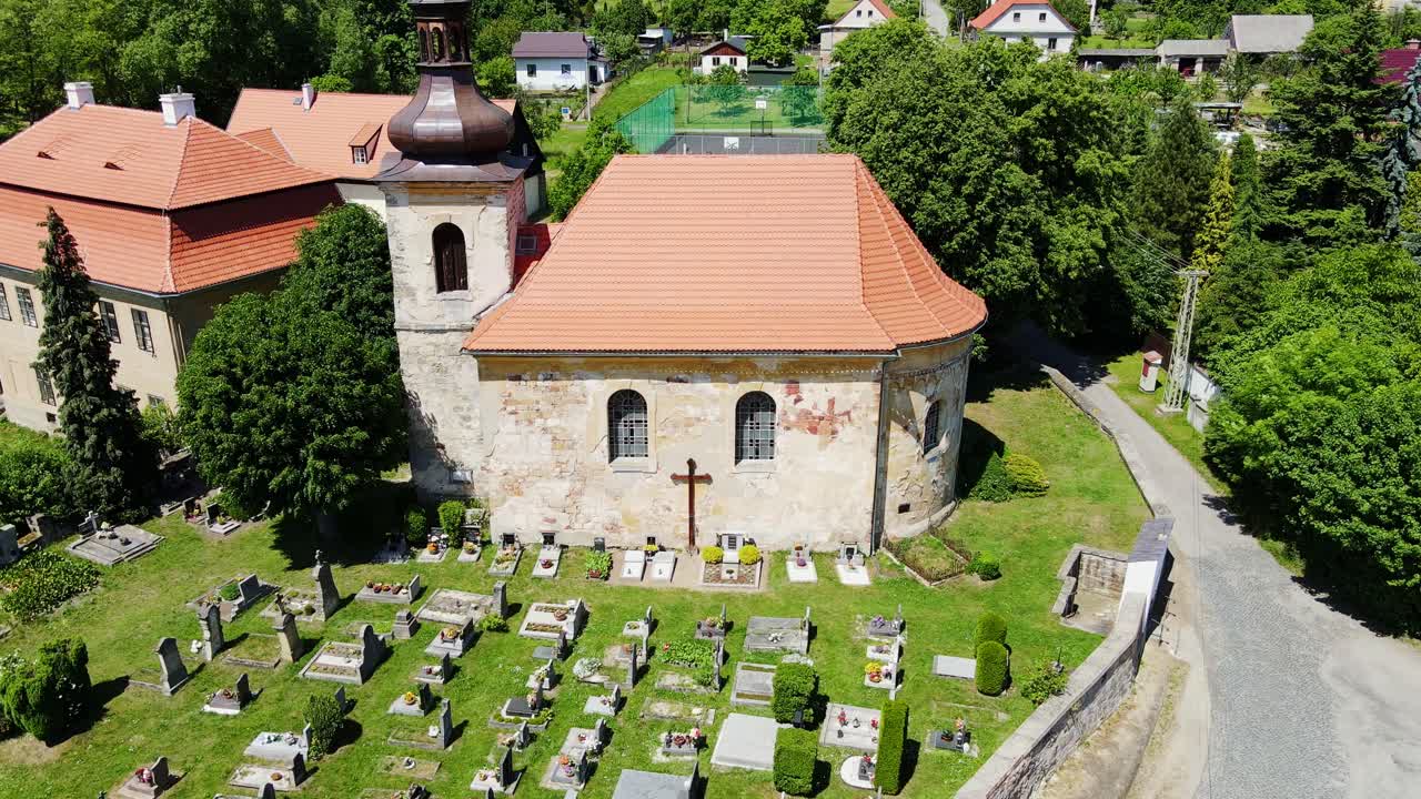 Drone of Kostel svatého Jiljí and surrounding cemetery in Czech village Bezděz