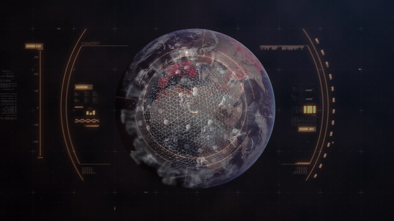 Animation of covid 19 cell over globe, scope scanning and data processing