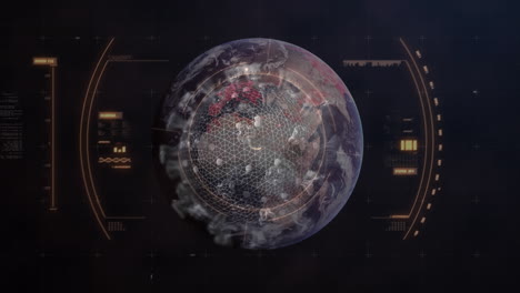 animation of covid 19 cell over globe, scope scanning and data processing