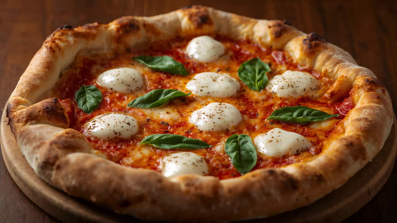 Ajuste do enquadramento, mudança da luz, aumento do brilho em pizza Margherita em estúdio com manjericão