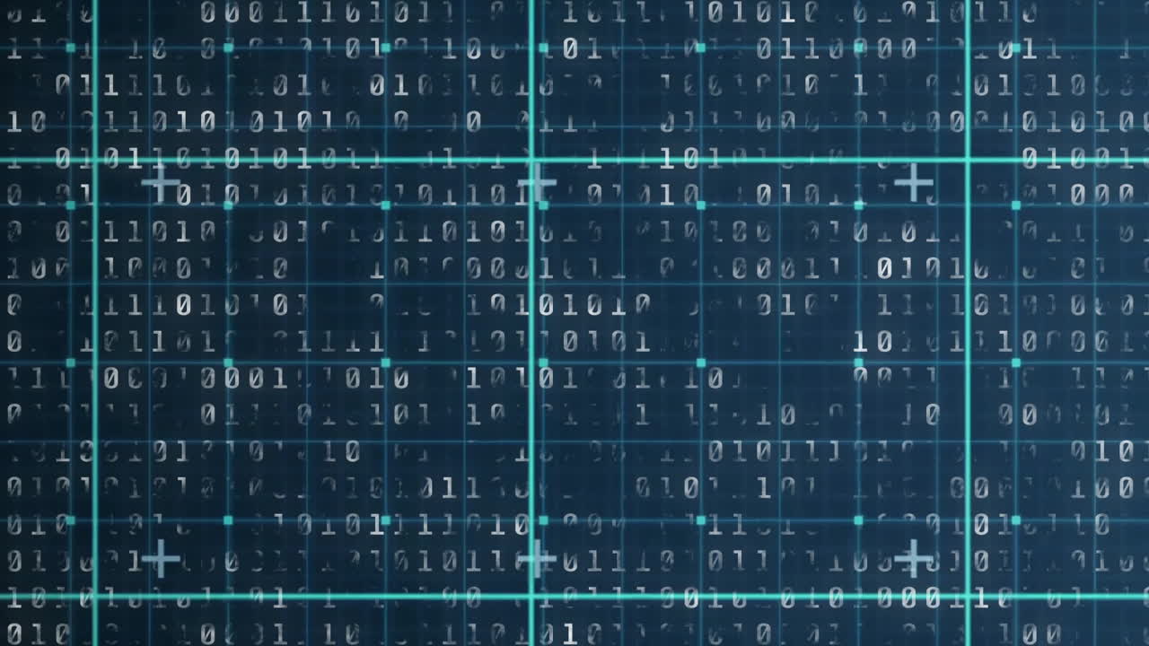 Data processing animation with binary code and grid lines