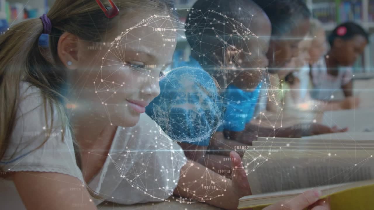 Children lying on library rug reading as 3D globe fading rotating pulsing above pages for education