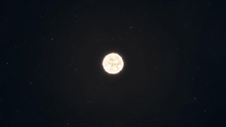 Aproximando-se pelo espaço em direção a um planeta orbitando uma estrela laranja.