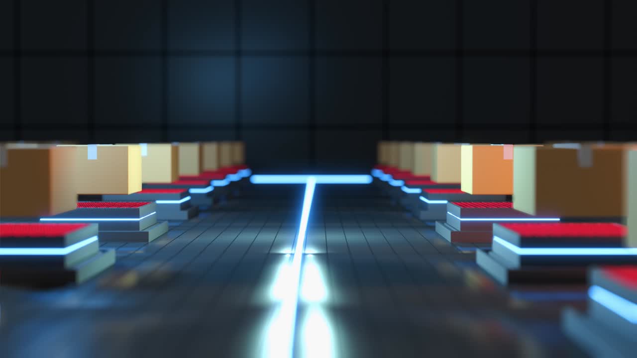 3d-gengivelse af automatisk sortering og levering af pakker i darkstores. Moderne shippingindustri. AI-afsendelse postkontor loop-video