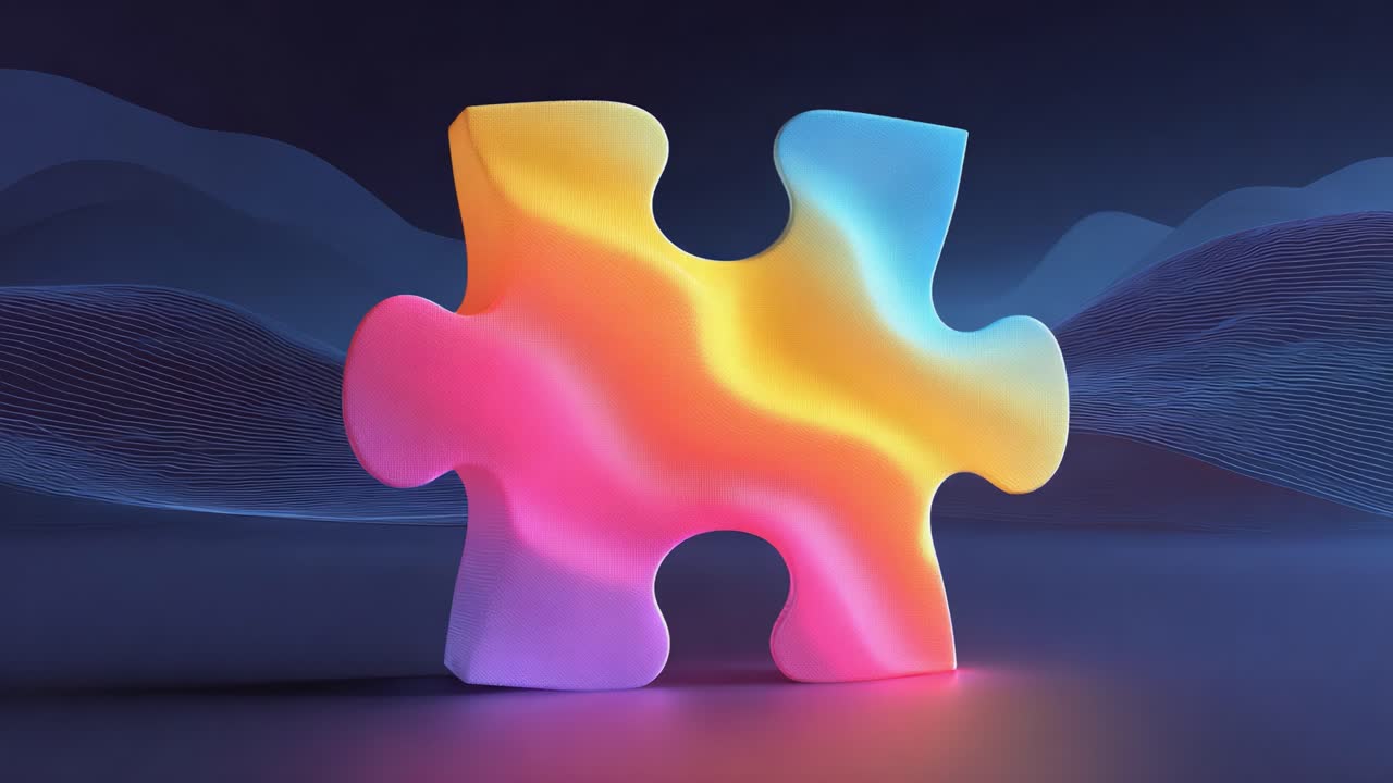 Vibrant Puzzle Piece Glowing in a Gradient of Colors Against a Soft Abstract Background, Illustrating Connectivity and Creativity in a Modern Design Concept