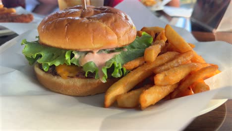 Cheeseburger-dripping-with-sauce-plated-with-fries