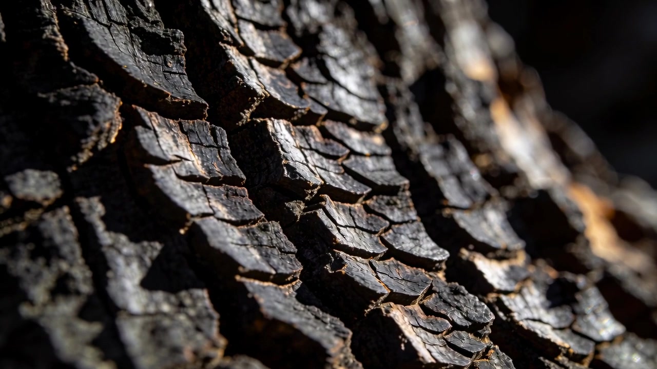 Operator pulling focus and moving camera across charred tree bark outdoors, revealing scaly flakes