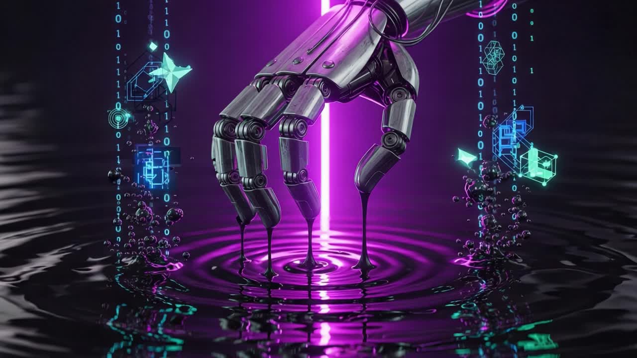 Futuristic Robotic Hand Reaching into a Dark Liquid, Surrounded by Neon Digital Symbols, Illuminating a High-Tech World of Possibilities