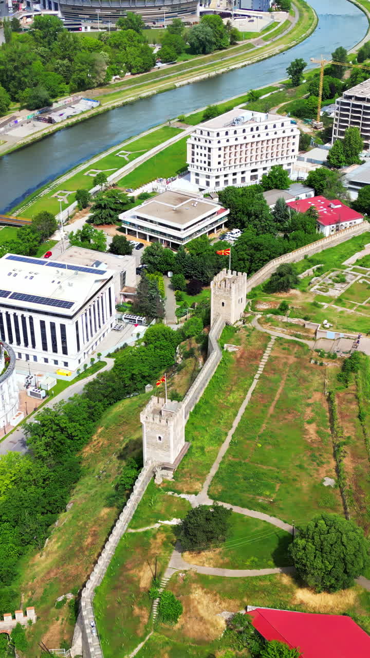 Aerial, drone view of the Skopje Fortress in Skopje, North Macedonia. Vertical