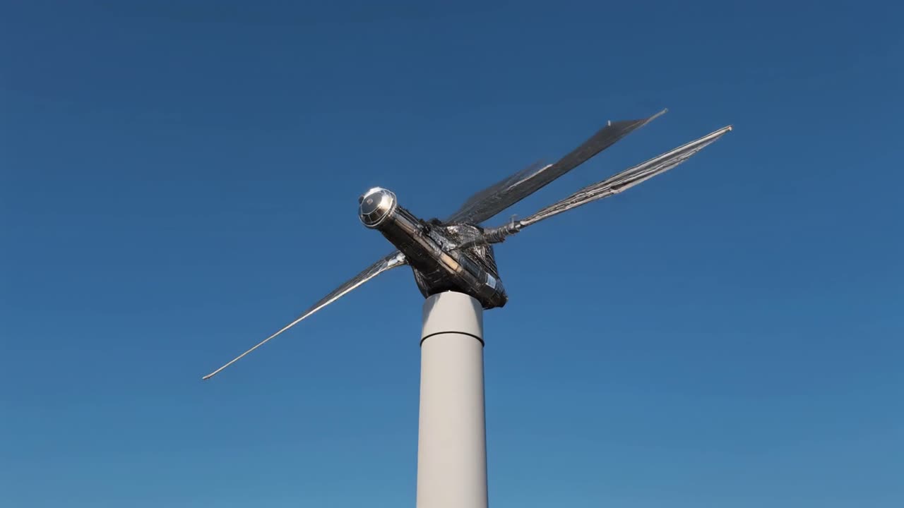 Array Moderno Cinetico di Pannelli Solari che si Trasforma Contro il Cielo Blu