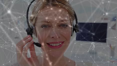 Animation-of-network-of-connections-over-businesswoman-wearing-phone-headset