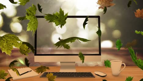 iconos de hojas múltiples flotando contra el escritorio en la mesa de la oficina con espacio de copia y puntos de luz