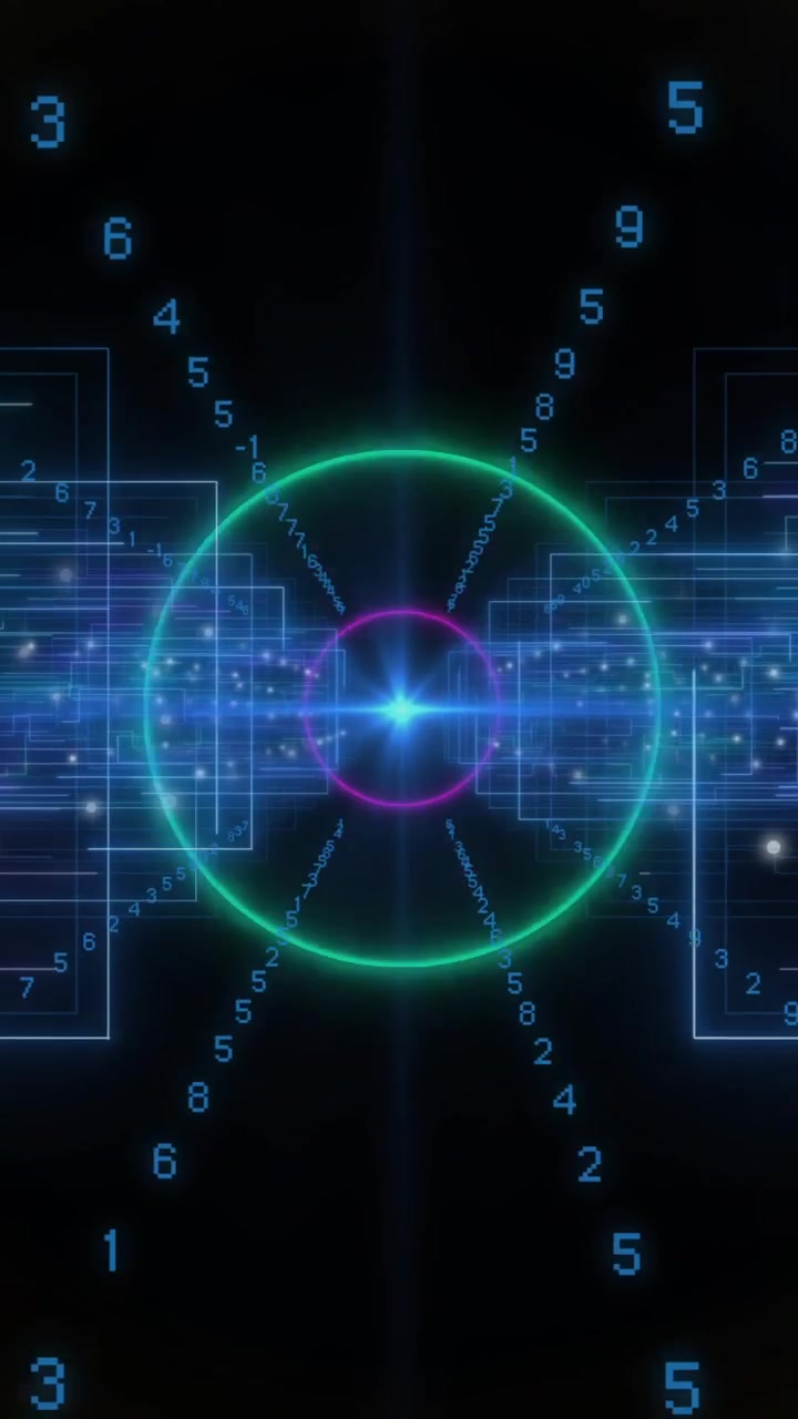 Animation of data processing over neon circles moving
