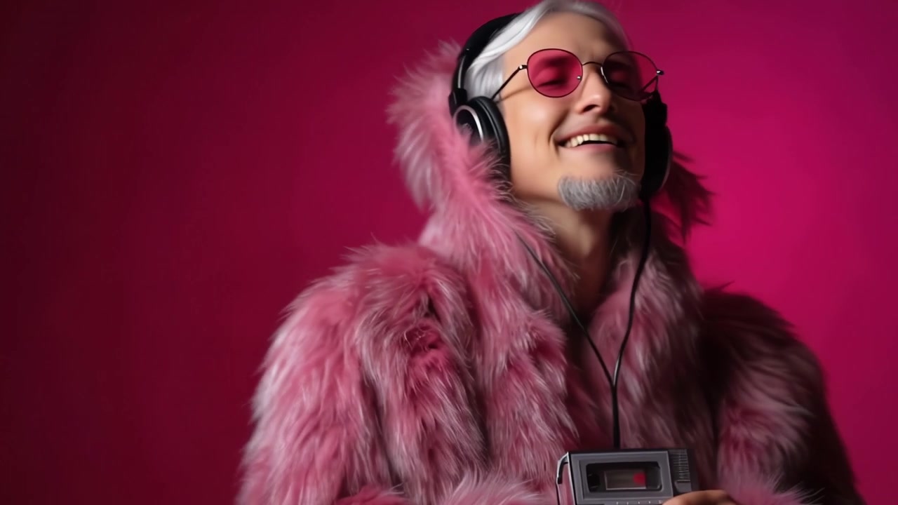 Uomo eccentrico con cappotto di pelliccia rosa e occhiali da sole che ascolta musica retrò