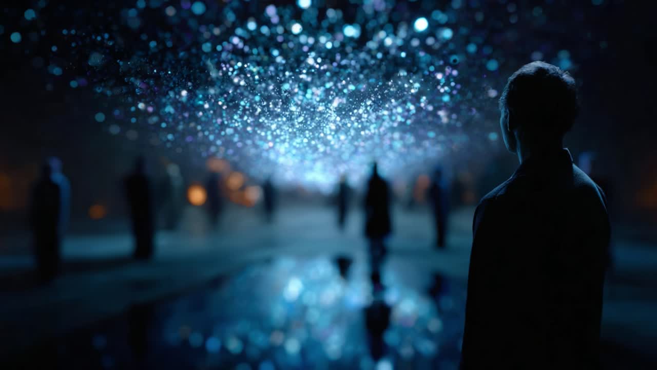 Una figura solitaria contempla un mare ipnotico di particelle luminescenti vorticose in un paesaggio oscuro, evocando sentimenti di contemplazione e meraviglia