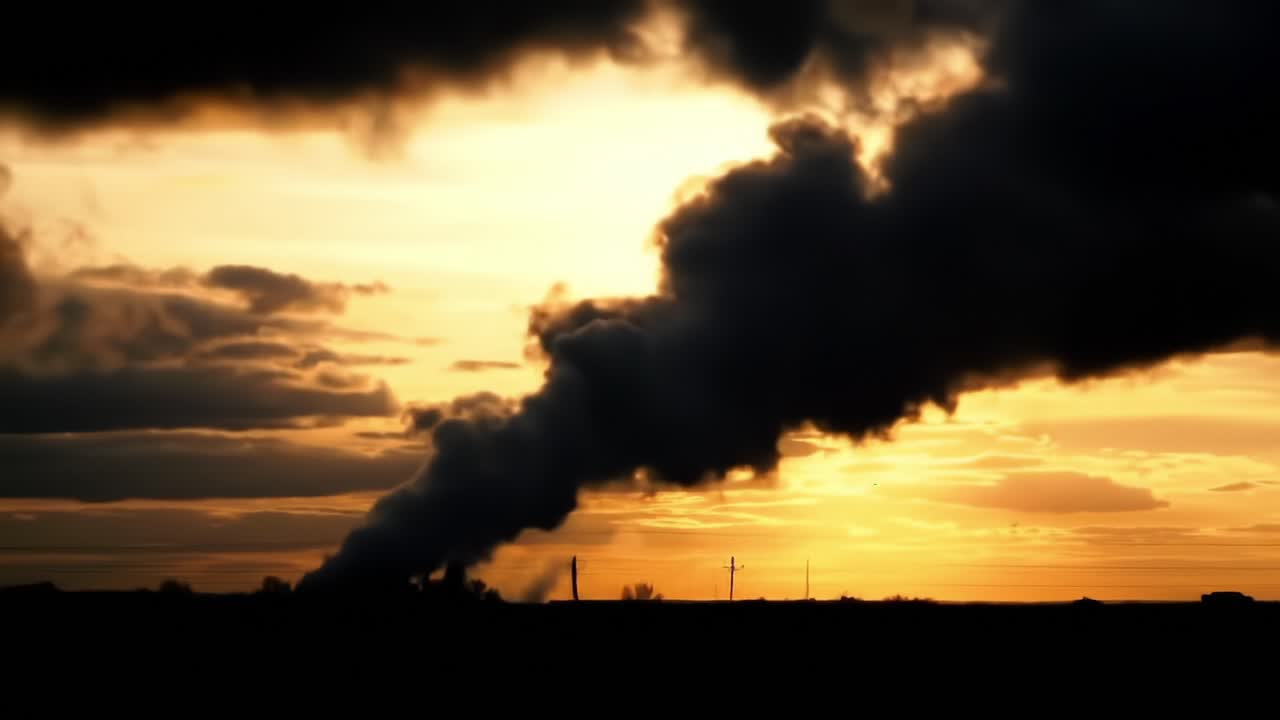 Dramatic Sunset Silhouettes Against Emitting Smoke Plumes: A Haunting Contrast of Nature's Beauty and Industrial Pollution