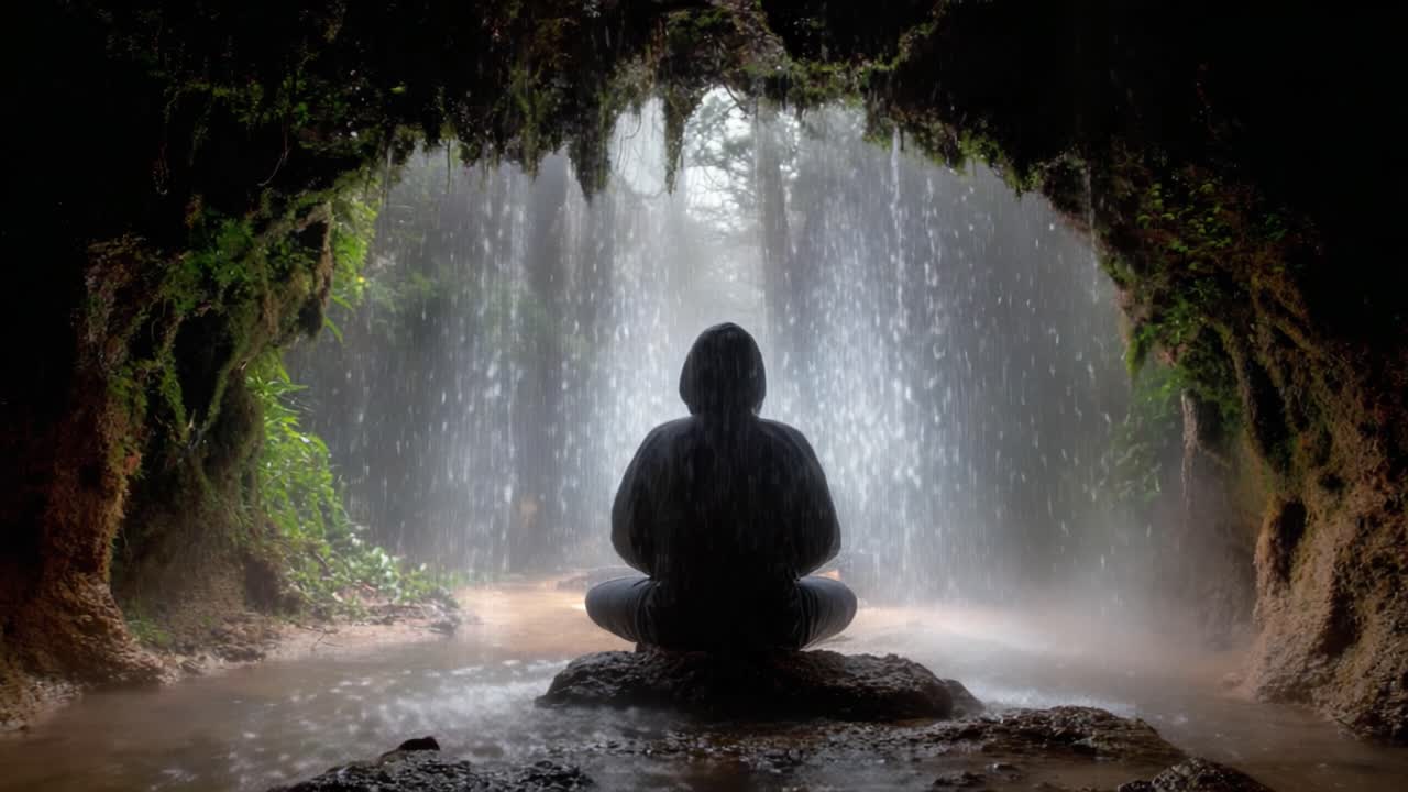 A Tranquil Moment of Meditation Under a Cascading Waterfall in a Hidden Cave, Embraced by Nature's Beauty and Serene Atmosphere