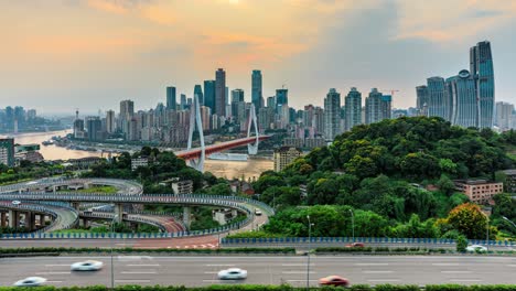 panoramic city skyline and modern commercial buildings with busy traffic in chongqing