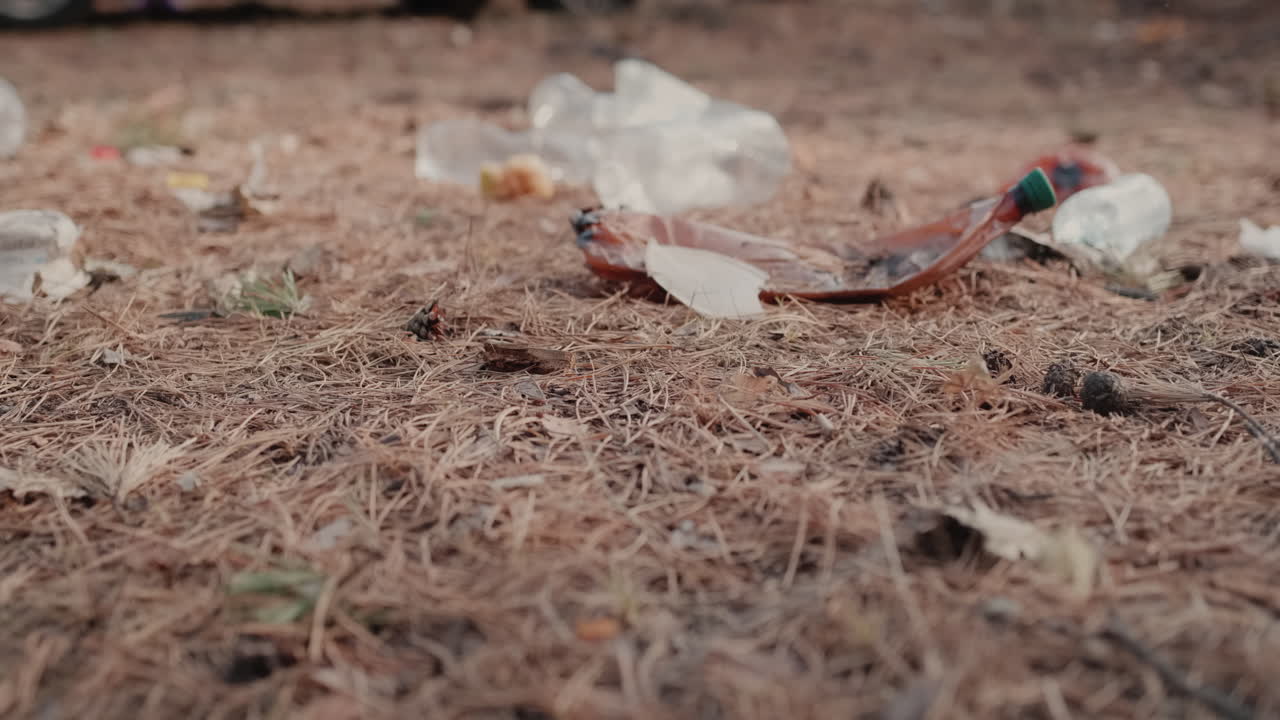 의료 마스크와 플라스틱은 숲 1의 바닥에 놓여 있습니다.