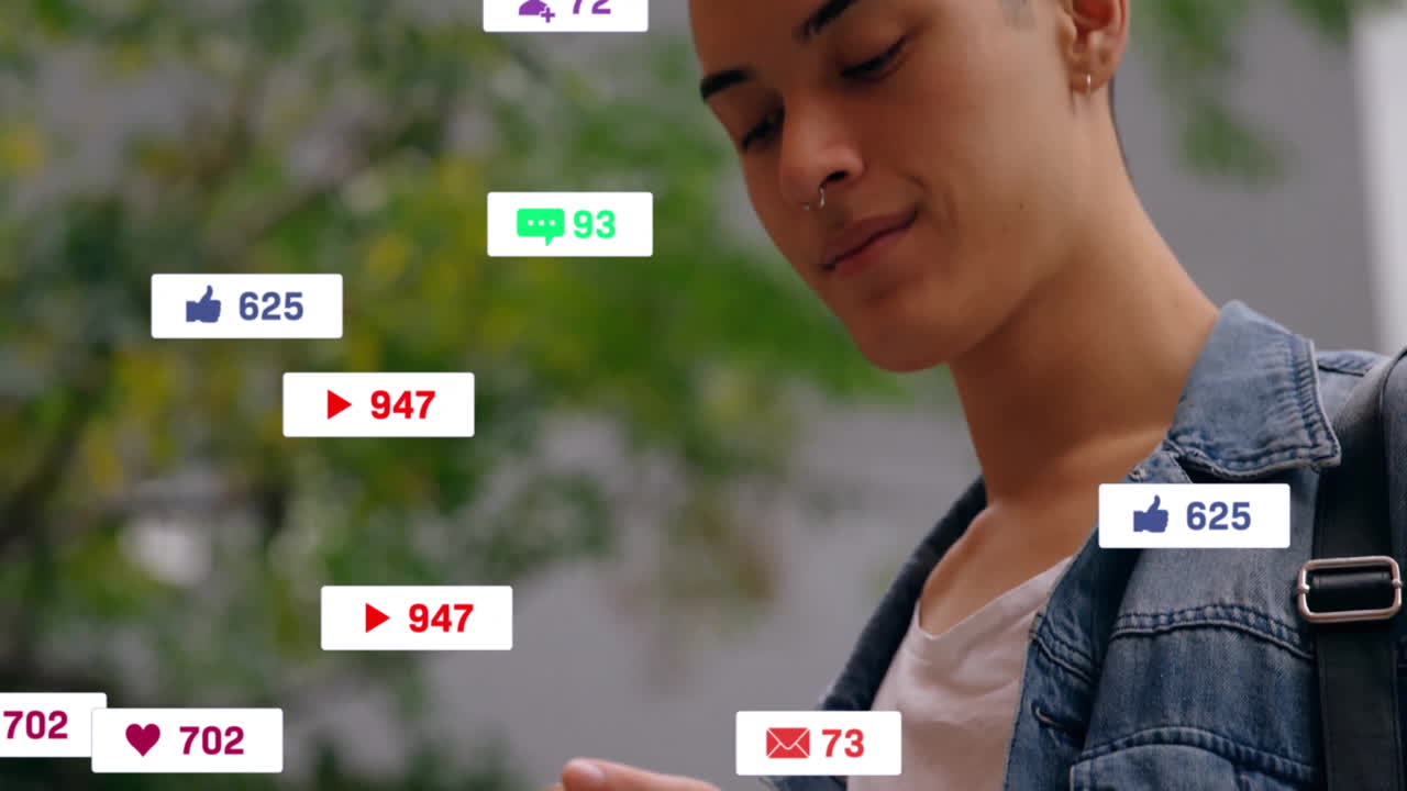 Using smartphone, person interacting with social media animation in school setting