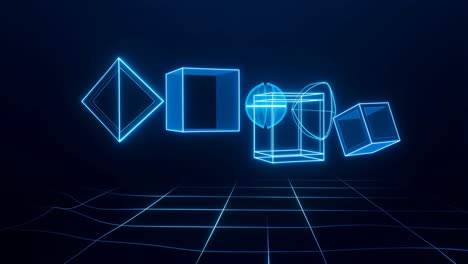 abstract neon blue wireframe geometric shapes on a grid