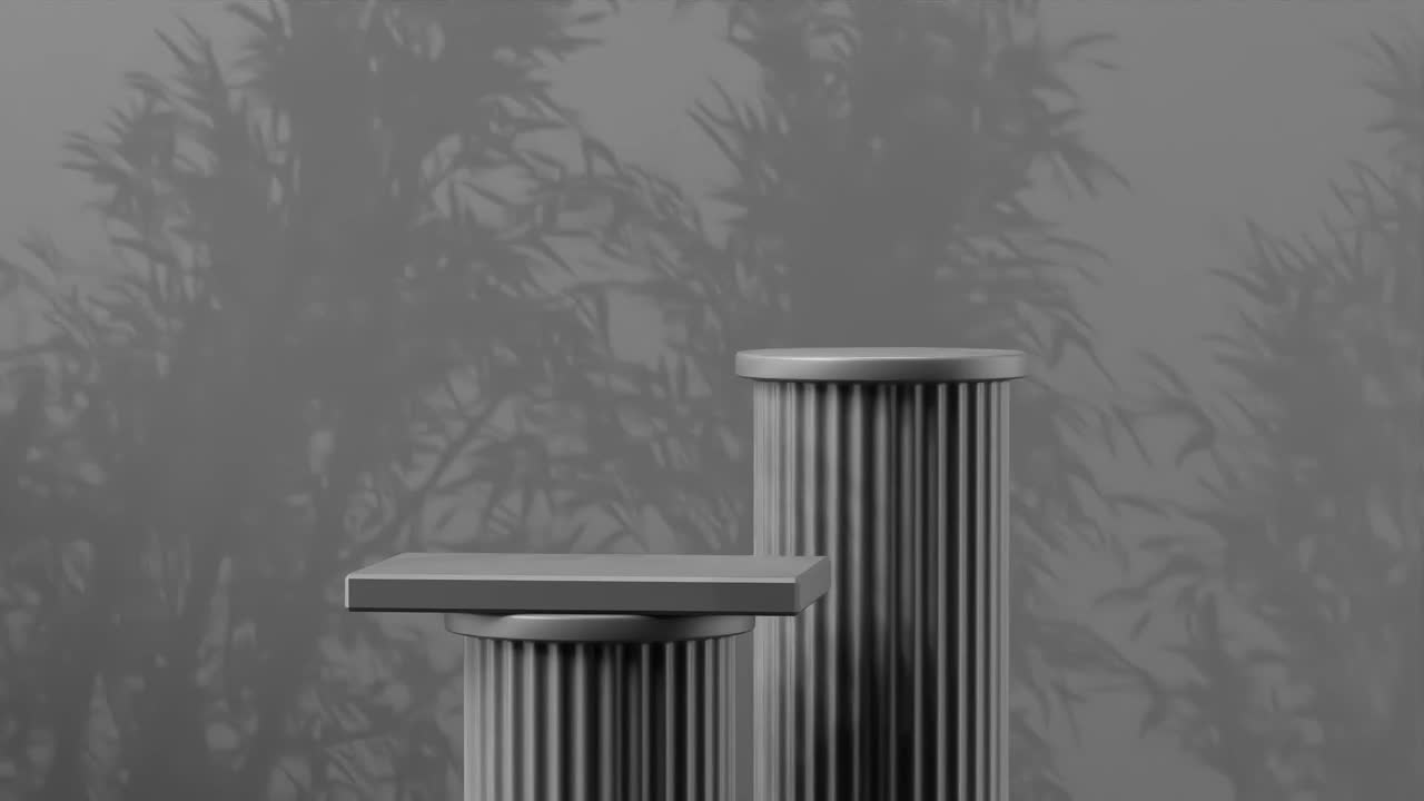 Minimalist teal display podium with two cylindrical platforms and abstract foliage shadows on black background. Product showcase, modern presentation, and branding concept.